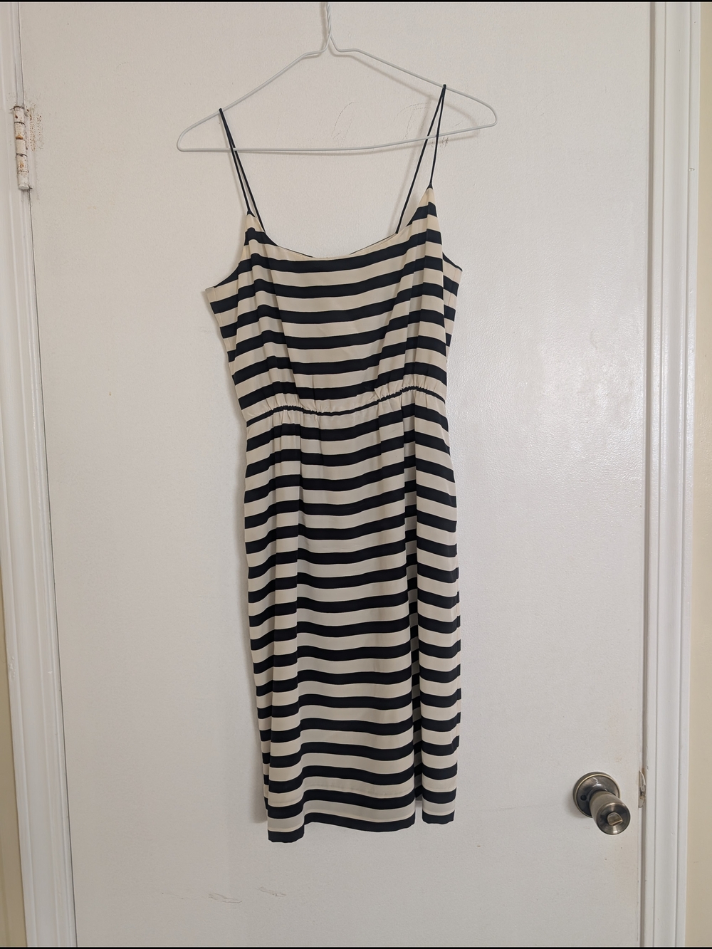 J. Crew 100% Silk Shell Black and Cream Striped Spaghetti Strap Midi Dress